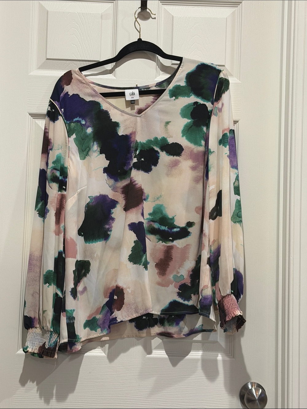 CAbi Watercolor V-Neck Long Sleeve Top in Green, Purple, Black, Blush